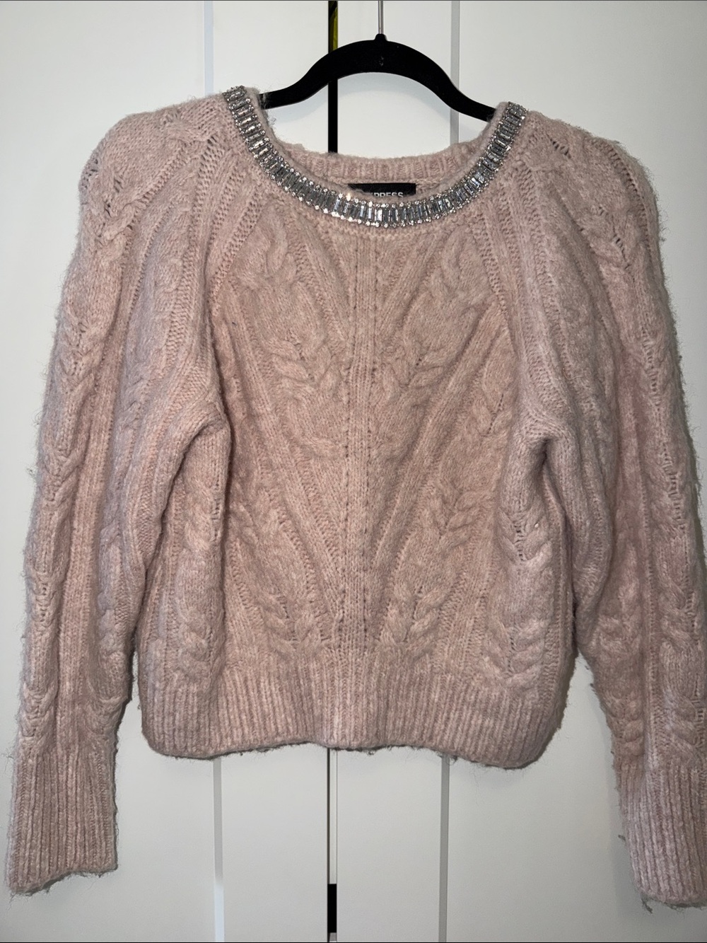 Express Jeweled Crewneck Cable Sweater - Dusty Blush XS